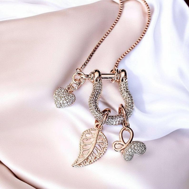 Leaf Butterfly Shackle Clasp Carabiner Charm Necklace, Rose-Gold - Adjustable up to 24 inches - - LadybugfeetDesigns -