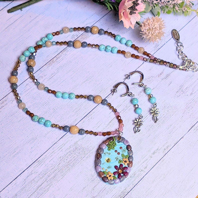 Cobblestone Pond Beaded Necklace / Earring Set, 22 inch - - LadybugfeetDesigns -