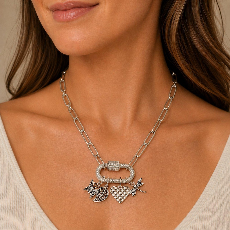 Nature & Love Carabiner Necklace, Silver - Adjusts up to 20 inches - - LadybugfeetDesigns -