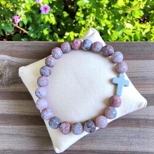 Pink Zebra Jasper Beaded Cross Stretch bracelet - - LadybugfeetDesigns -