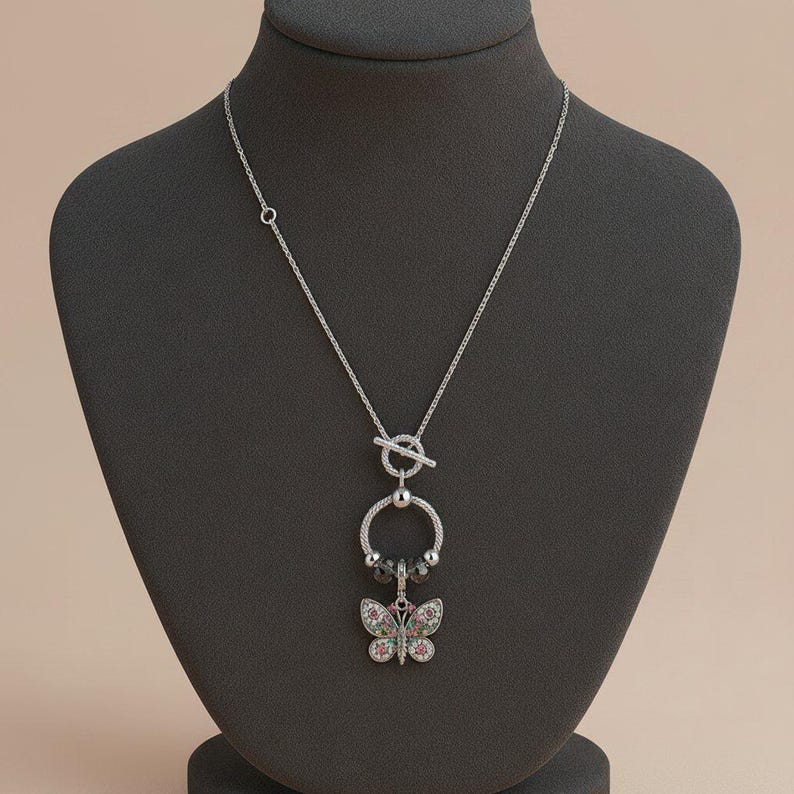 Butterfly Sterling Silver Toggle Charm Necklace, 20 inches - - LadybugfeetDesigns -