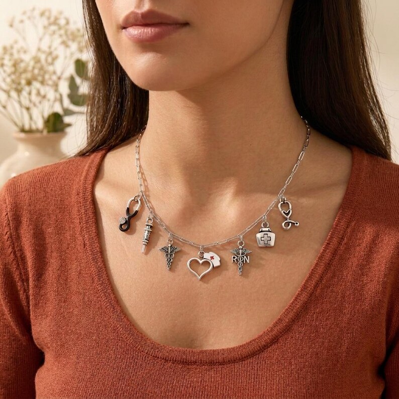 Nursing Multi Charm Link Necklace, Silver - 20 inch - - LadybugfeetDesigns -