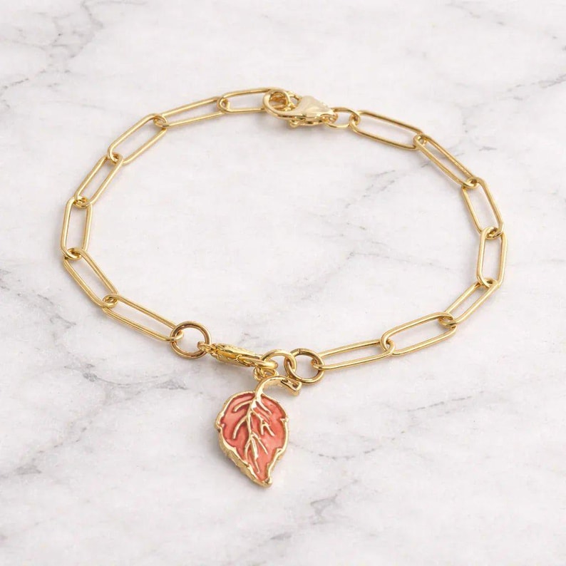 Autumn Leaf Gold Paperclip Chain Bracelet - - LadybugfeetDesigns -