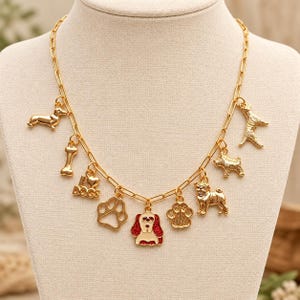 I Love Dogs Multi Charm Link Necklace, Gold- 20 inch - - LadybugfeetDesigns -