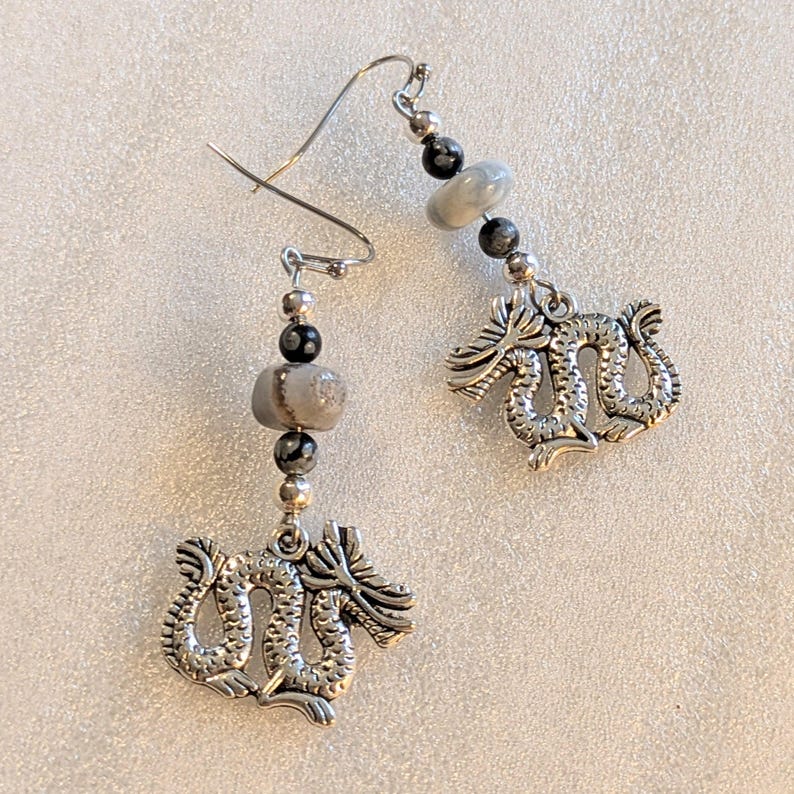 Dragon Boulder Opal Beaded Hook Earrings, Silver - - LadybugfeetDesigns -