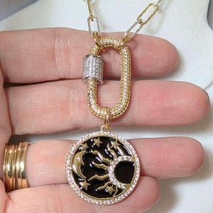 Black Enamel Celestial Pendant Carabiner Necklace, Gold/Silver - 20 inch - - LadybugfeetDesigns -