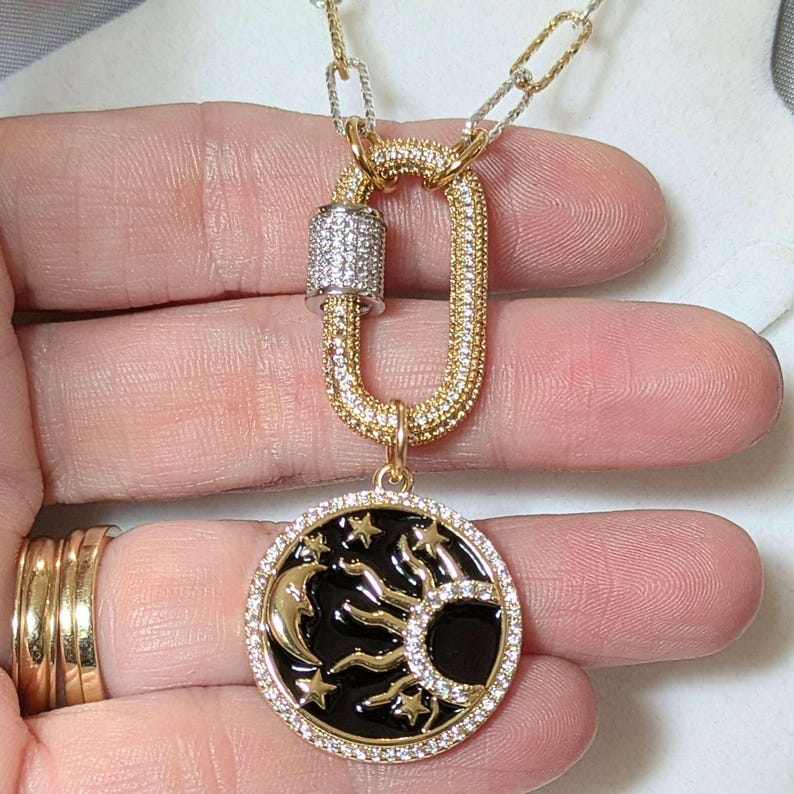 Black Enamel Celestial Pendant Carabiner Necklace, Gold/Silver - 20 inch - - LadybugfeetDesigns -