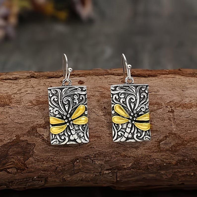 Dragonfly Fancy Tag Earrings, Silver - - LadybugfeetDesigns -