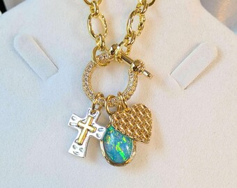 Two Tone Cross, Faux Opal and Heart Shackle Clasp Carabiner Necklace, Gold - 20 inch