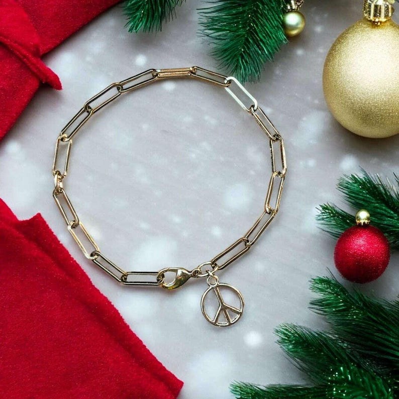 Peace Sign Gunmetal Paperclip Chain Bracelet - - LadybugfeetDesigns -