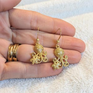 Octopus dangle earrings, Gold - - LadybugfeetDesigns -