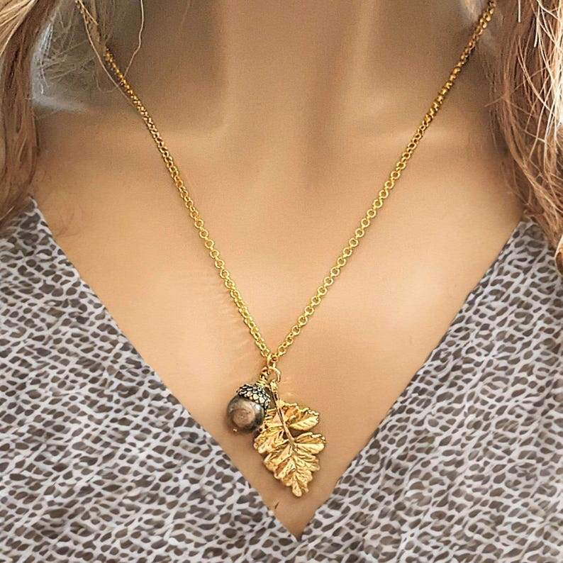 Acorn Oak Leaf Necklace, Gold - - LadybugfeetDesigns -