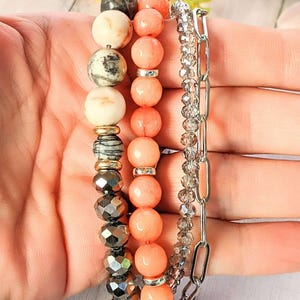 Peach Dream Crystal Beaded layered cuff bracelet - - LadybugfeetDesigns -