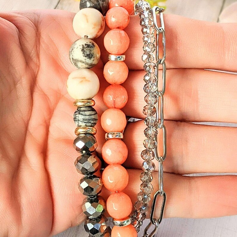 Peach Dream Crystal Beaded layered cuff bracelet - - LadybugfeetDesigns -