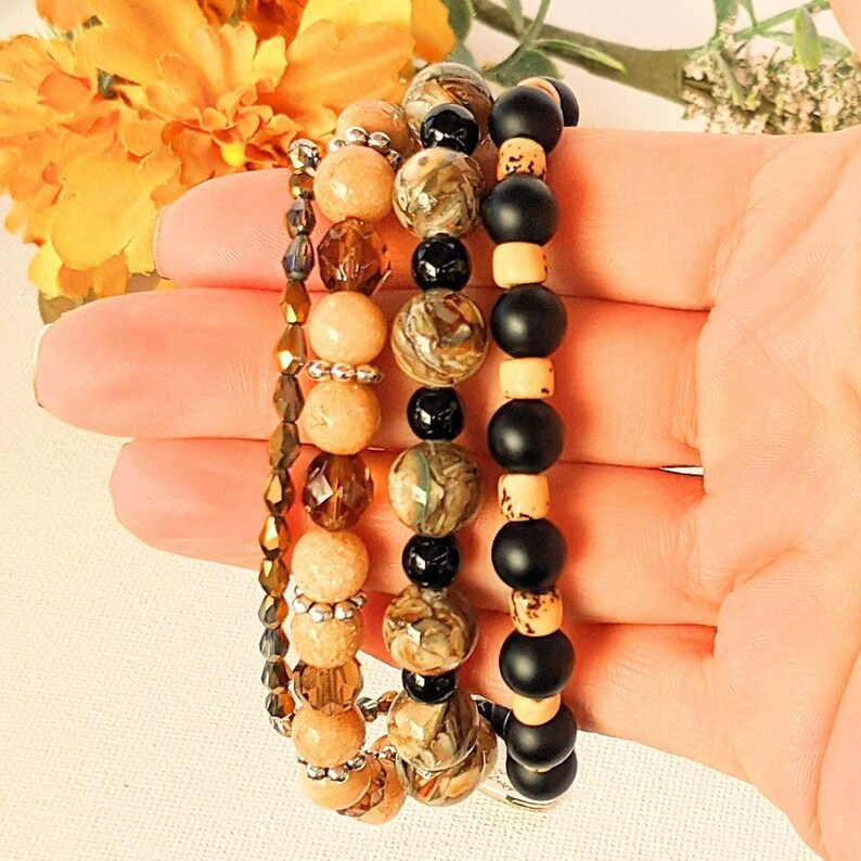 Chunky Jasper Coffee layered cuff bracelet - - LadybugfeetDesigns -