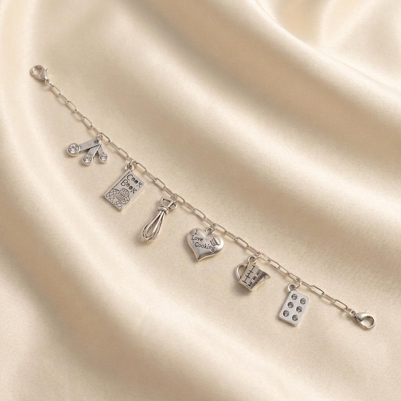I Love Cooking Multi Charm Link Necklace, Silver - 20 inch - - LadybugfeetDesigns -