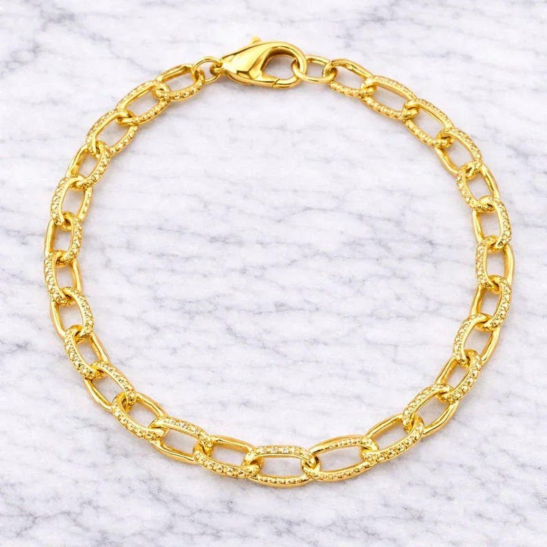 24K Gold Filled Textured Oval Link Charm Bracelet Base - D.i.y. - Build Your Charm Bracelet! - - LadybugfeetDesigns -
