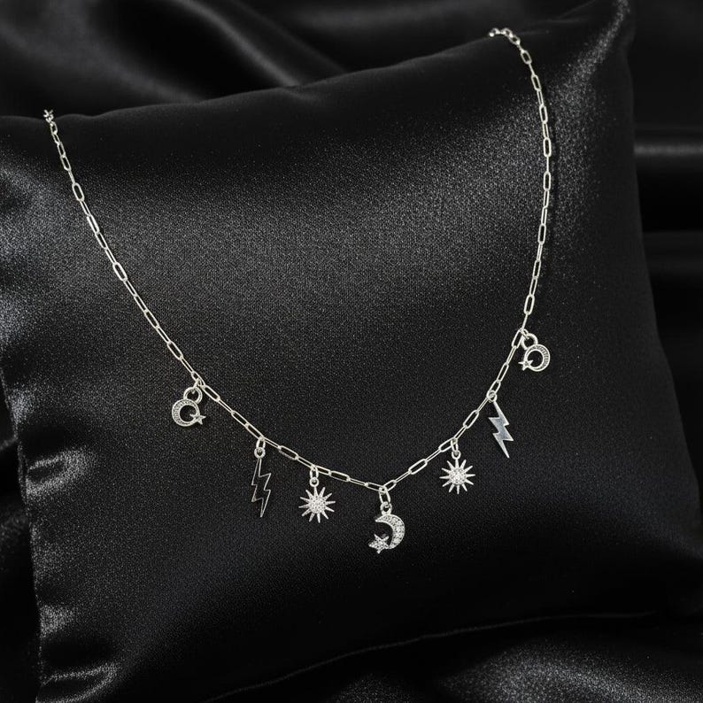 Celestial Multi Charm Link Necklace, .925 Sterling Silver - 20 inch - - LadybugfeetDesigns -