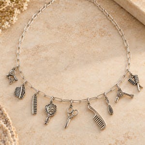 Hair Stylist Multi Charm Link Necklace, Silver - 20 inch - - LadybugfeetDesigns -