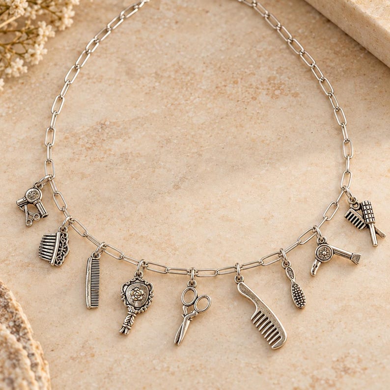 Hair Stylist Multi Charm Link Necklace, Silver - 20 inch - - LadybugfeetDesigns -