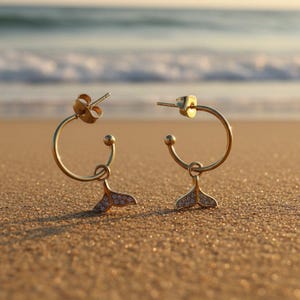 CZ Whale/Dolphin Tail Hoop Earrings, Gold - 16mm - - LadybugfeetDesigns -