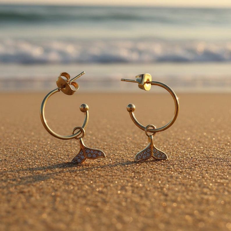 CZ Whale/Dolphin Tail Hoop Earrings, Gold - 16mm - - LadybugfeetDesigns -