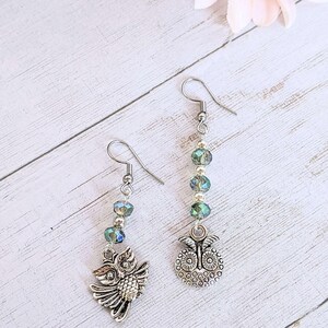 Mismatched Owl crystal hook earrings - - LadybugfeetDesigns -