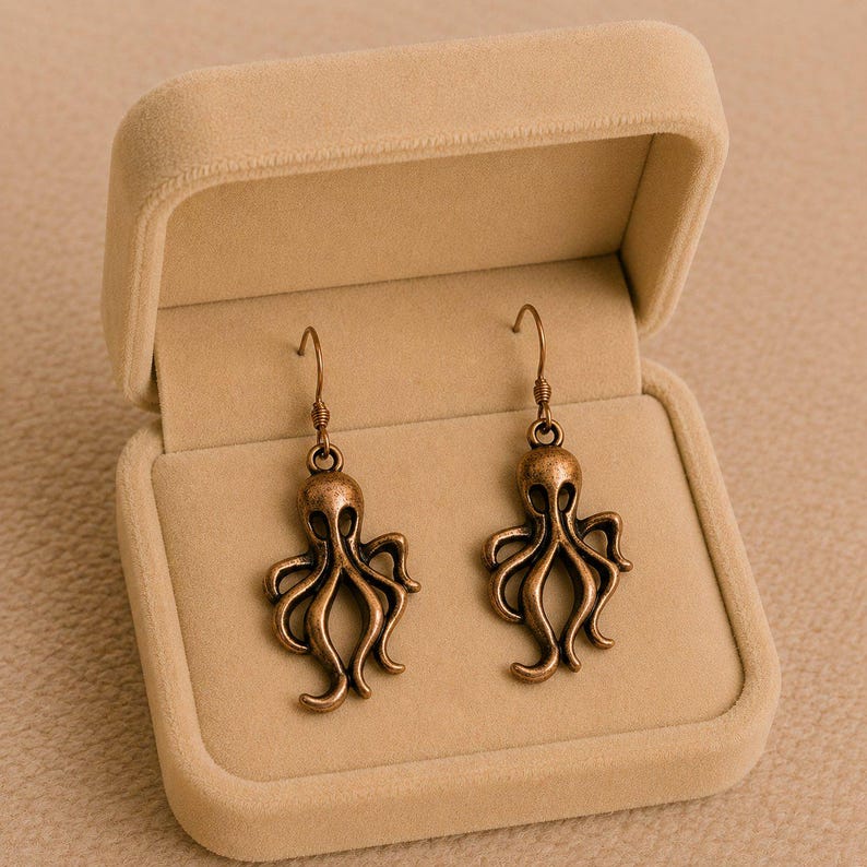 Octopus dangle earrings, Copper/Rose Gold - - LadybugfeetDesigns -