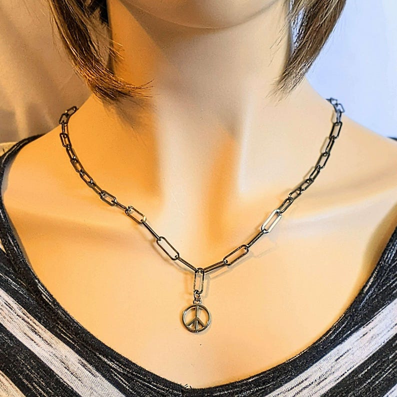 Black Gunmetal Peace Sign charm necklace, up to 24 inch - Unisex - - LadybugfeetDesigns -