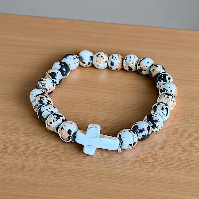 Orange Black Ivory Beaded Cross Stretch bracelet - - LadybugfeetDesigns -