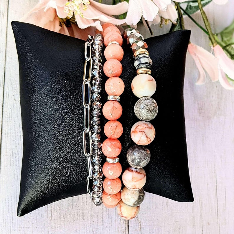 Peach Dream Crystal Beaded layered cuff bracelet - - LadybugfeetDesigns -