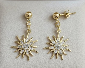 Fiery Sun Charm Drop Stud Earrings-Gold