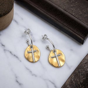 Cross Two-Tone Hoop Earrings, Silver - 16mm - - LadybugfeetDesigns -