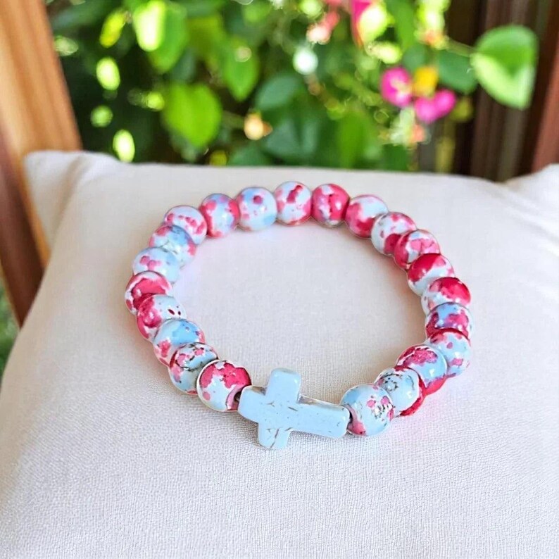Hot Pink Baby Blue Beaded Cross Stretch bracelet - - LadybugfeetDesigns -