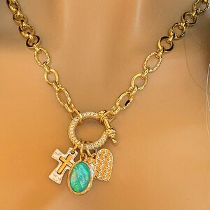 Two Tone Cross, Faux Opal and Heart Shackle Clasp Carabiner Necklace, Gold - Adjusts up to 20 inches - - LadybugfeetDesigns -
