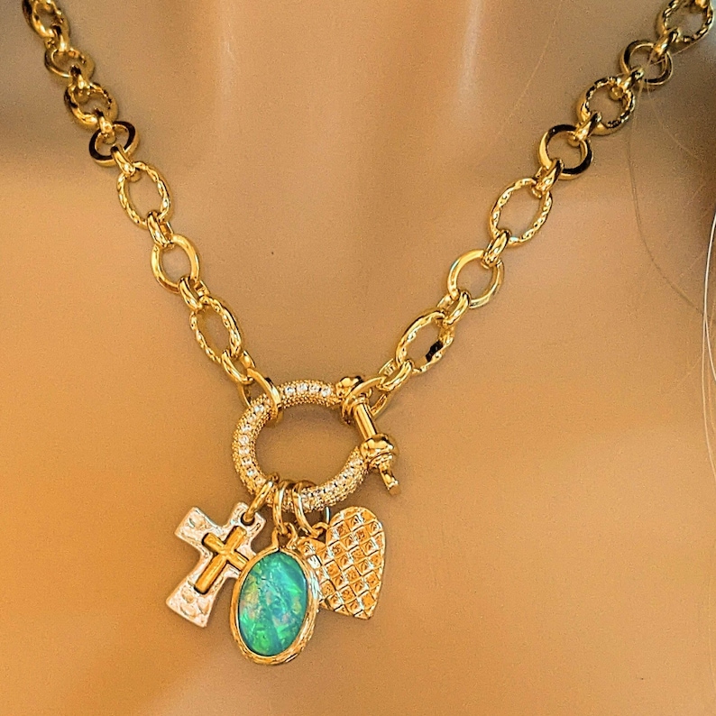 Two Tone Cross, Faux Opal and Heart Shackle Clasp Carabiner Necklace, Gold - Adjusts up to 20 inches - - LadybugfeetDesigns -