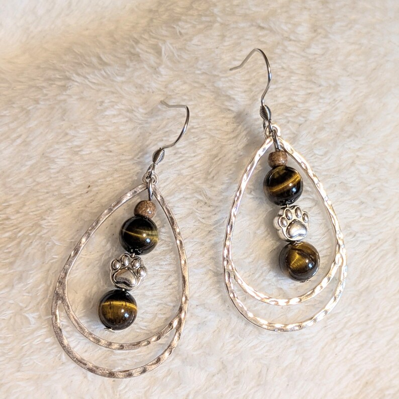 Dog/Cat Paw Tiger's eye Hammered Teardrop Hook Earrings, Silver - - LadybugfeetDesigns -