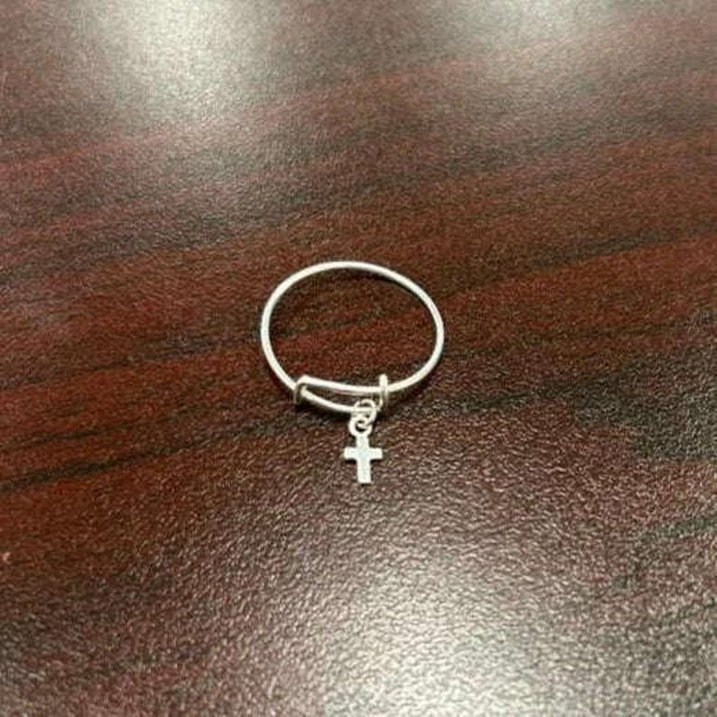 Tiny Cross Expandable Charm Ring, Silver - - LadybugfeetDesigns -