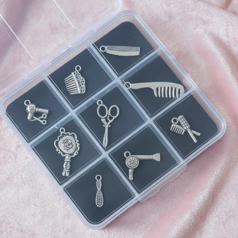 Hair Dresser Charm Box - 9 pc., Silver - - LadybugfeetDesigns -