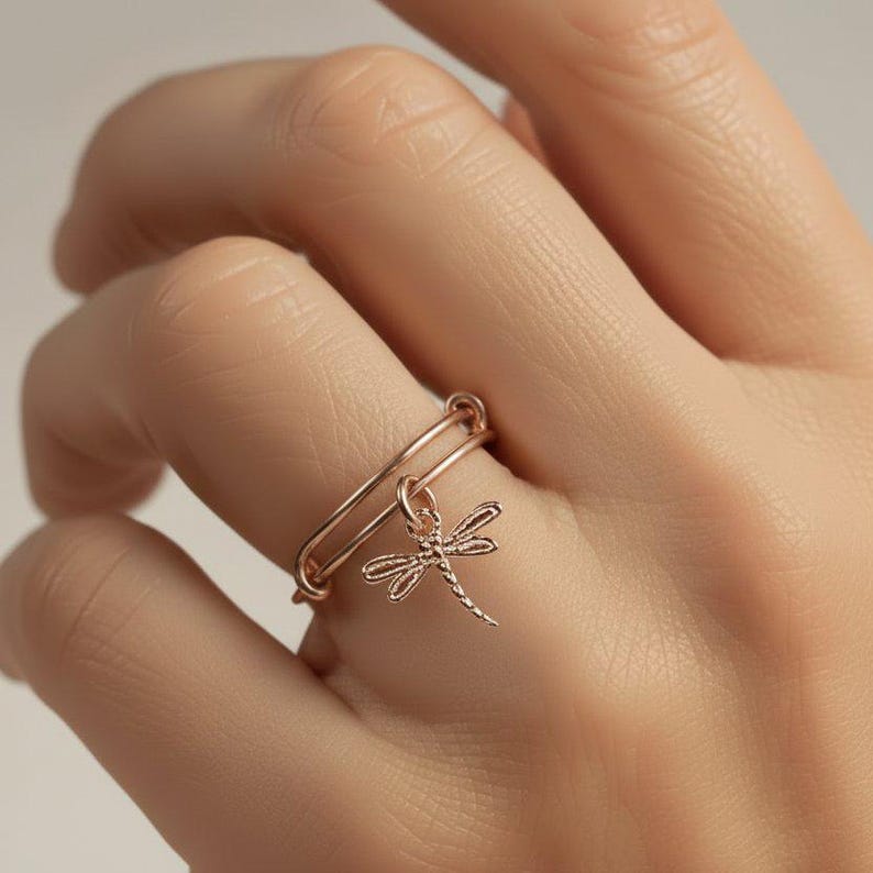 DESIGN YOUR Charm Ring, Adjustable Rose-Gold Filled charm dangle ring - - LadybugfeetDesigns -
