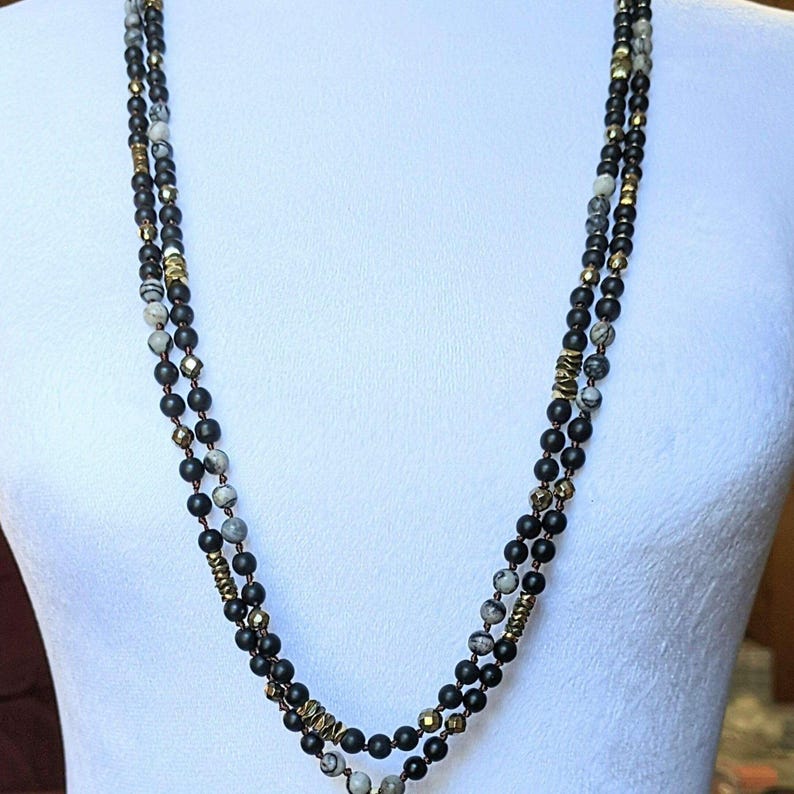 Spider Web Jasper + Hematite + Crystal Semi-Precious Gemstone Necklace - 36 inch - - LadybugfeetDesigns -