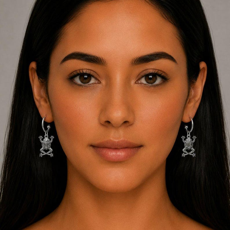 Fancy Frog Hoop Earrings, Silver - 16mm - - LadybugfeetDesigns -