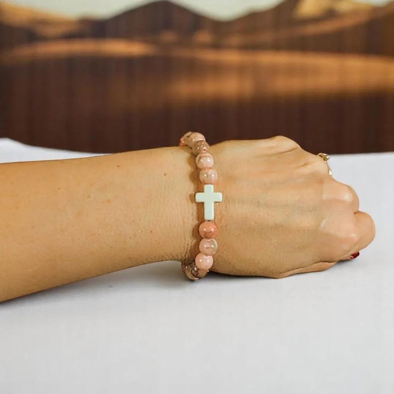 Pink Zebra Jasper Beaded Cross Stretch bracelet - - LadybugfeetDesigns -