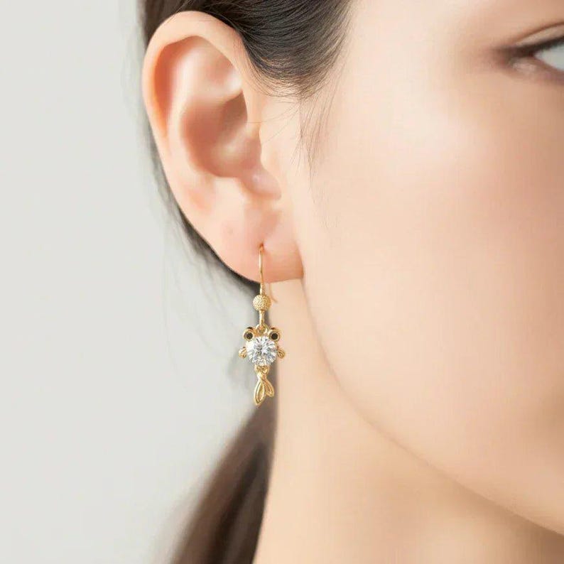 14K Gold CZ Goldfish Koi dangle earrings - - LadybugfeetDesigns -