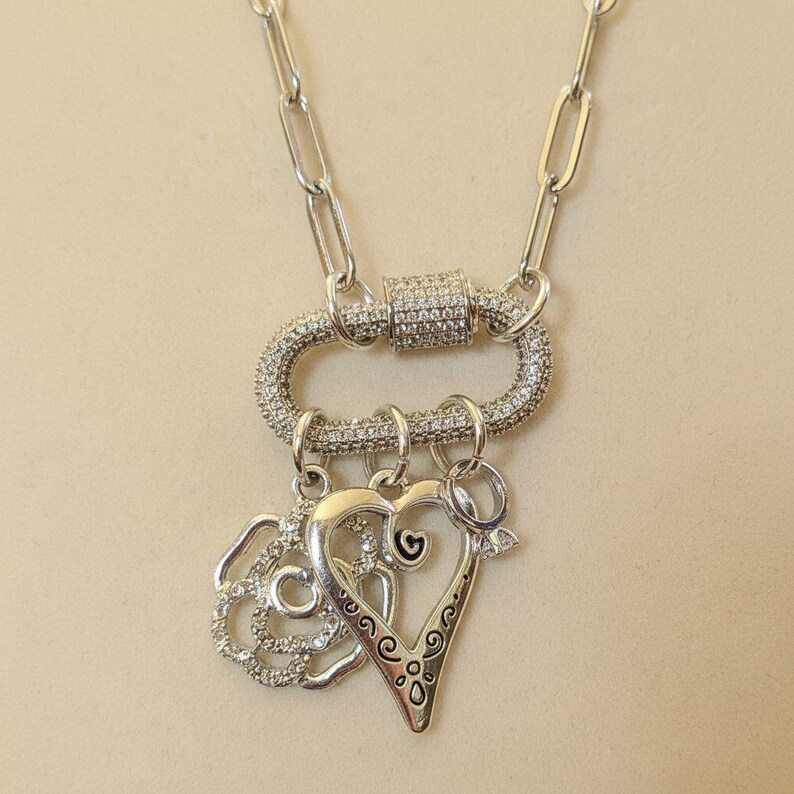 Romantic Rose, Heart, Diamond Ring Carabiner Necklace, Silver - 20 inch - - LadybugfeetDesigns -