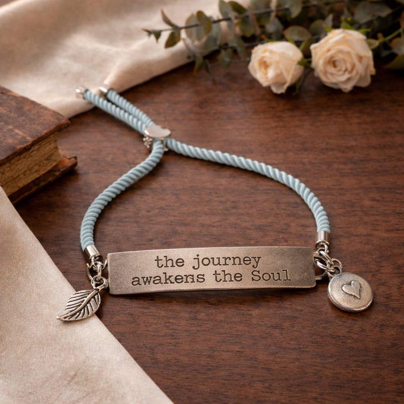 The Journey Awakens the Soul, Inspirational Quote Twisted rope bolo Bracelet - - LadybugfeetDesigns -