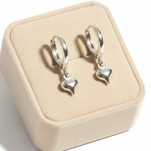 Puffy Heart Huggie Hoop earrings, Silver - 15mm - - LadybugfeetDesigns -