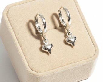 Puffy Heart Huggie Hoop earrings, Silver - 15mm