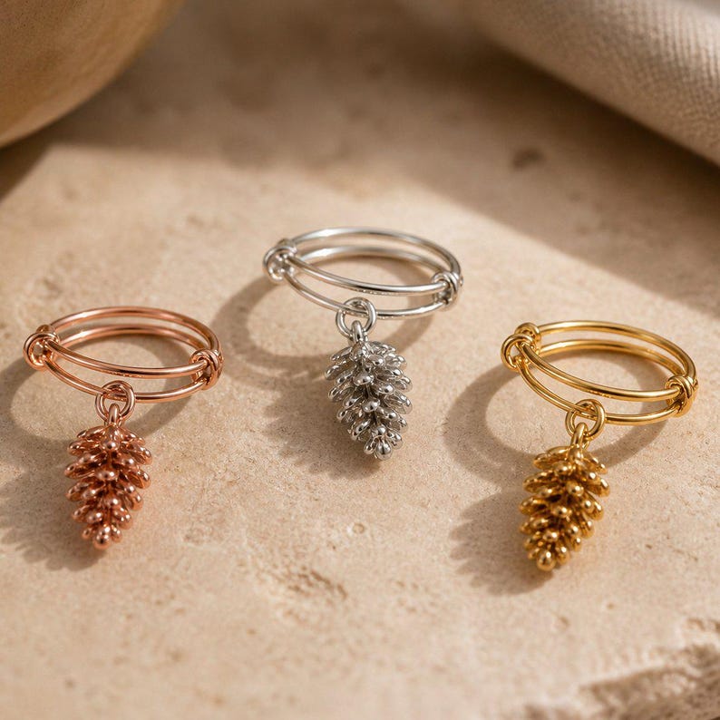 Pine Cone Expandable Charm Ring - - LadybugfeetDesigns -
