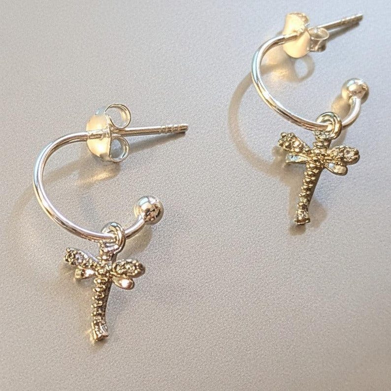 Tiny Dragonfly Mini Hoop Huggie Earrings, Silver- 12mm - - LadybugfeetDesigns -